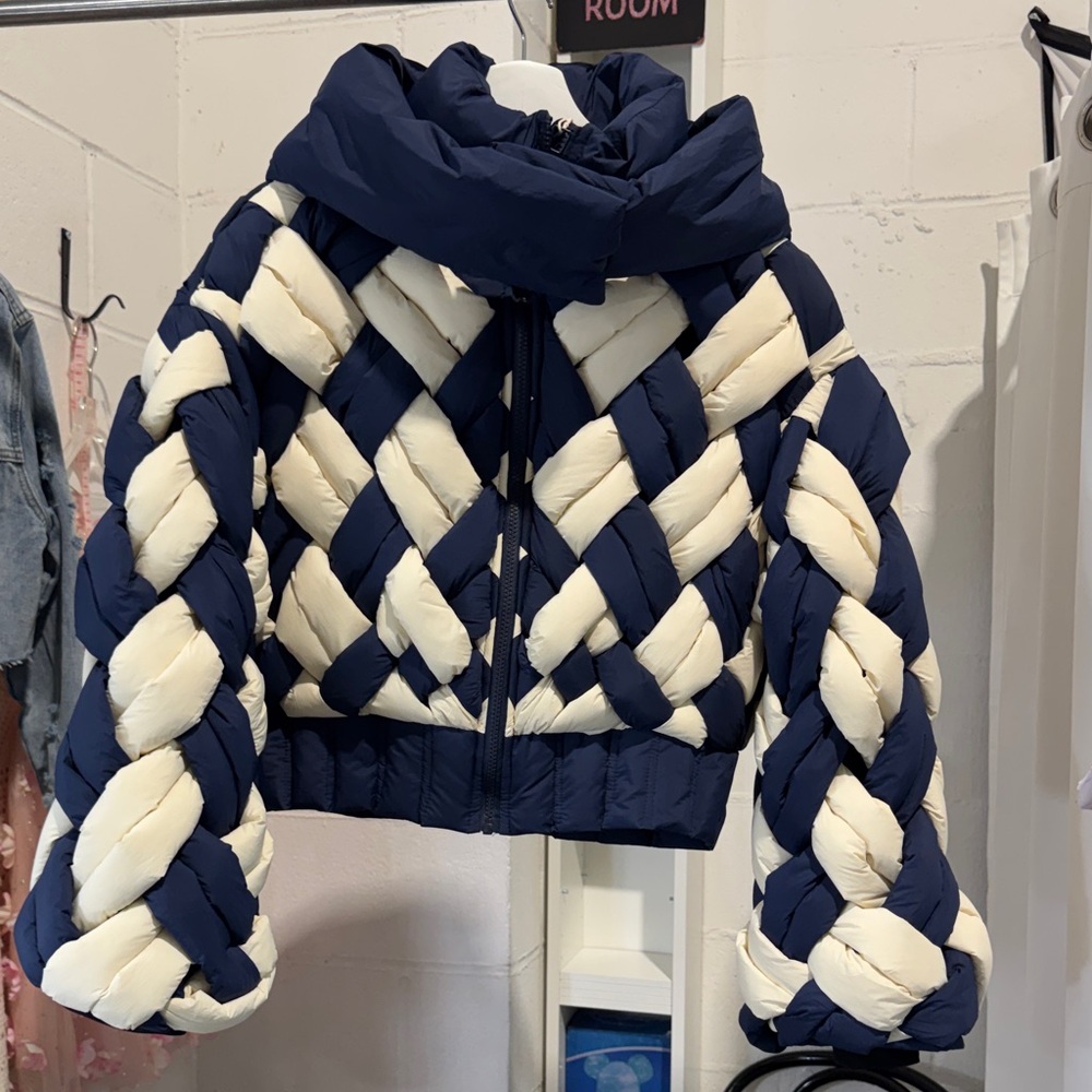 Women's Navy and White Braided Puffer Down Jacket